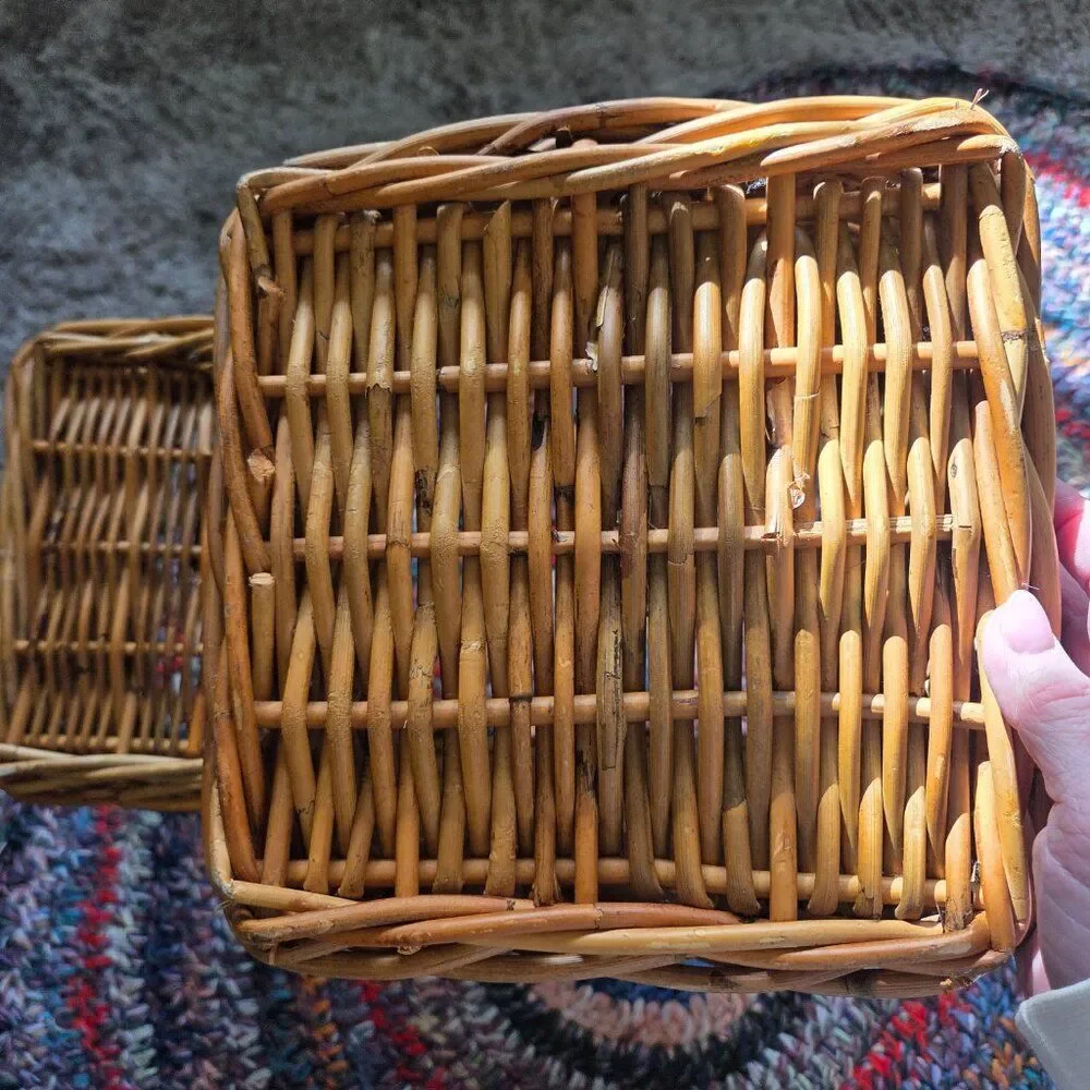 Heritage Stair Step Rattan Basket Hand Woven Wicker Rustic Cottage VTG Country